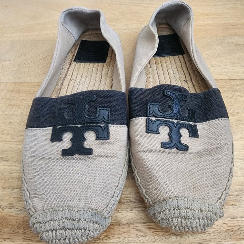 Tory Burch Womens Weston Flat Espadrille Logo Natural Canvas Beige Black Size 6